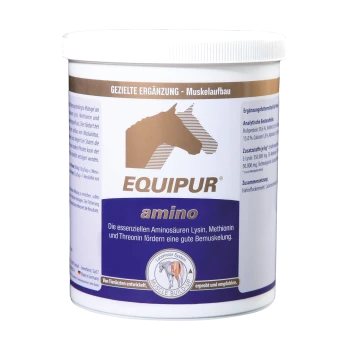 Behälter mit EQUIPUR Amino-Pferdeergänzung, die die Muskelentwicklung mit den essentiellen Aminosäuren Lysin, Methionin und Threonin fördert.