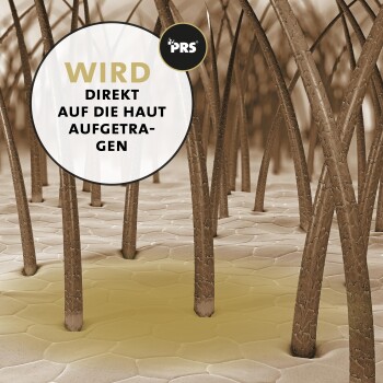 Illustration der Hautstruktur mit Haarfollikeln, mit einem kreisförmigen Textüberlagerung, der "WIRD DIREKT AUF DIE HAUT AUFGE-TRAGEN" liest.