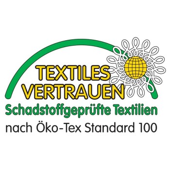 Öko‑Tex-Label 'TEXTILES VERTRAUEN' mit grünem Bogen und Blume; Text: 'Schadstoffgeprüfte Textilien nach Öko‑Tex Standard 100'.