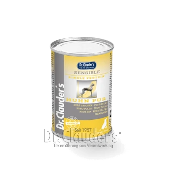 Dosen-Hundefutter von Dr. Clauder's, beschriftet "Sensible Single Protein Huhn Pur" mit einem gelben Design, mit einer Hundillustration und mehrsprachigem Text.
