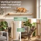 Drei Katzen auf einem wandmontierten, modularen Kratzsystem. Sichtbarer Text: 'Vertikal kratzen oder horizontal klettern', 'Cleveres Baukasten-System', 'Modular erweiterbar'.