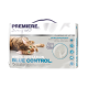 Emballage de litière pour chat agglomérante avec un chat tigré joueur et l'étiquette "White Sensation Blue Control", lisant "Premiere. J'aime mon chat."