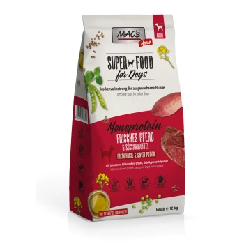 Hundfutterbeutel mit der Aufschrift "MAC's Super Food for Dogs," mit frischem Pferd und Süßkartoffel, und Zutaten wie Leinsamen und Erbsen.