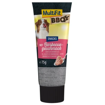 Röhre mit MultiFit BBQ Hundesnacks, 75g, mit einem Grillgeschmack, mit einem Hund auf dem Etikett und Text in Deutsch und Englisch.