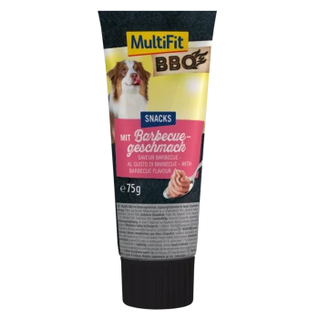 Röhre mit MultiFit BBQ Hundesnacks, 75g, mit einem Grillgeschmack, mit einem Hund auf dem Etikett und Text in Deutsch und Englisch.