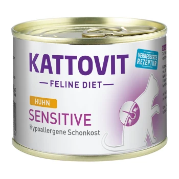 Boîte de nourriture pour chats Kattovit Feline Diet Sensitive, avec un design violet et blanc, étiquetée 'Huhn' (poulet) et 'Hypoallergene Schonkost.'