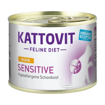 Kattovit Feline Diet Sensitive Katzenfutterdose, mit einem lila und weißen Design, beschriftet mit "Huhn" und "Hypoallergene Schonkost."