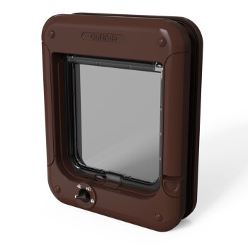 Braune Katzenklappe mit einer transparenten Klappe, die einen Verriegelungsmechanismus und einstellbare Einstellungen für den Zugang von Haustieren aufweist.