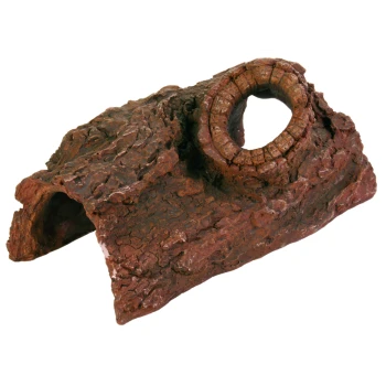 Ein texturiertes, braunes, steinähnliches Haustierversteck mit einer runden Öffnung oben und einem Tunnelzugang an der Seite, ideal für kleine Tiere.