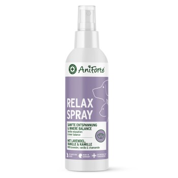 AniForte Relax Spray-Flasche — lila Sprühflasche mit Aufschrift ‚RELAX SPRAY‘ und ‚Sanfte Entspannung & innere Balance‘, mit Lavendel, Vanille & Kamille.