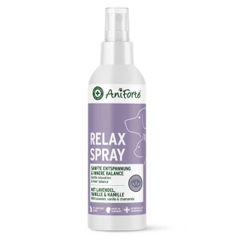 AniForte Relax Spray-Flasche — lila Sprühflasche mit Aufschrift ‚RELAX SPRAY‘ und ‚Sanfte Entspannung & innere Balance‘, mit Lavendel, Vanille & Kamille.