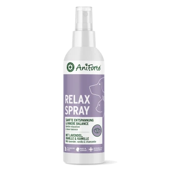 AniForte Relax Spray-Flasche — lila Sprühflasche mit Aufschrift ‚RELAX SPRAY‘ und ‚Sanfte Entspannung & innere Balance‘, mit Lavendel, Vanille & Kamille.