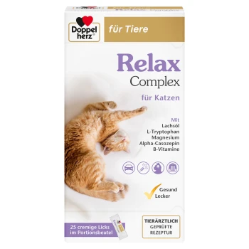 Doppelherz Relax Complex für Katzen, mit einer entspannten orangefarbenen Katze. Zutaten: Lachsöl, L-Tryptophan, Magnesium, Alpha-Casozepin, B-Vitamine.