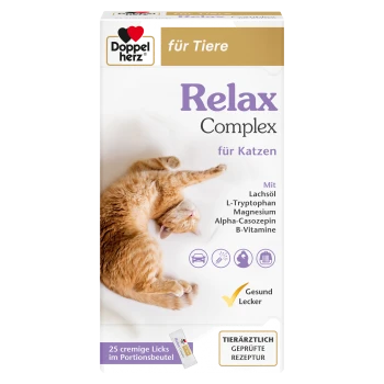 Doppelherz Relax Complex für Katzen, mit einer entspannten orangefarbenen Katze. Zutaten: Lachsöl, L-Tryptophan, Magnesium, Alpha-Casozepin, B-Vitamine.