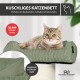 Getigerte Katze liegt auf einem grünen, gerippten Katzenbett; Verpackungstext 'KUSCHLIGES KATZENBETT', rotes Siegel '35.000 Scheuertouren', ROHRSCHNEIDER-Logo.