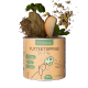 Dose Hunderunde Futtertopping Zahn & Maul Hundefuttertopping mit Kräutern, Apfelscheibe und Kamille auf dunklem Hintergrund.