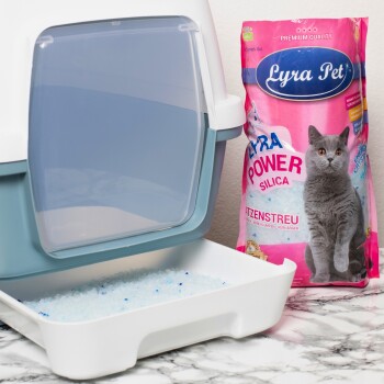 Eine Katzenstreu-Box mit einer klaren Klappe und blauen Silikakristallen, neben einer rosa Tasche mit Lyra Pet Power Silica Katzenstreu und einer grauen Katze.