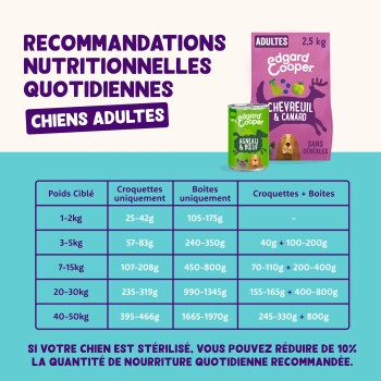 Sac et boîte Edgard & Cooper à côté d'un tableau français «Recommandations nutritionnelles quotidiennes» pour chiens adultes.