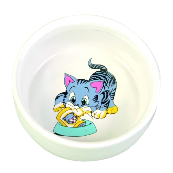 Eine weiße Futterschüssel für Haustiere mit einer Cartoon-Illustration einer verspielten blauen getigerten Katze mit rosa Ohren, die nach einer Dose Futter greift.