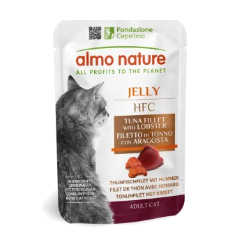 Pochette de nourriture pour chats Almo Nature avec une silhouette de chat gris, étiquetée "Jelly HFC Tuna Fillet with Lobster," avec du texte multilingue.