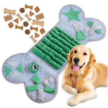 Ein Golden Retriever liegt neben einer grünen und grauen interaktiven Hundepuzzle-Matte in Form eines Knochens, die verschiedene Texturen und Formen aufweist.