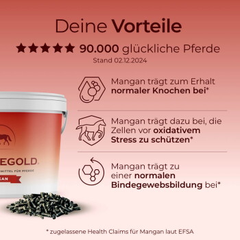 Eimer mit Pferdeergänzung und Pellets; deutscher Text 'Deine Vorteile', '90.000 glückliche Pferde' und Angaben zu den Vorteilen von Mangan