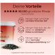 Eimer mit Pferdeergänzung und Pellets; deutscher Text 'Deine Vorteile', '90.000 glückliche Pferde' und Angaben zu den Vorteilen von Mangan