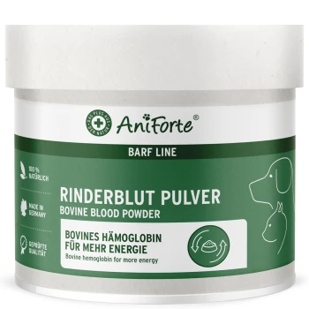 BARF Rinderblutpulver 250g Behälter mit AniForte Rinderblutpulver für Haustiere, beschriftet mit "Rinderblut Pulver," mit Text, der seine natürlichen Inhaltsstoffe und Energievorteile hervorhebt.