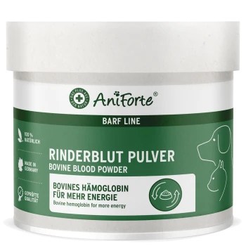 Behälter mit AniForte Rinderblutpulver für Haustiere, beschriftet mit "Rinderblut Pulver," mit Text, der seine natürlichen Inhaltsstoffe und Energievorteile hervorhebt.