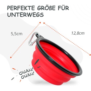 Rote zusammenklappbare Fressnapf für Haustiere mit schwarzem Rand, Maße 5,5 cm Höhe und 12,8 cm Durchmesser, beschriftet mit "Perfekte Größe für Unterwegs."