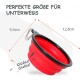 Rote zusammenklappbare Fressnapf für Haustiere mit schwarzem Rand, Maße 5,5 cm Höhe und 12,8 cm Durchmesser, beschriftet mit "Perfekte Größe für Unterwegs."