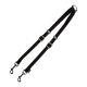 Schwarze doppelte Hundeleine mit Metallclips und verstellbaren Schnallen zur Sicherung von zwei Hunden.