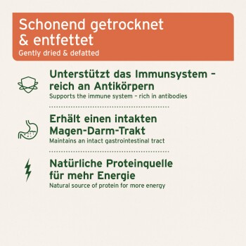Tieretikett: 'Schonend getrocknet & entfettet' (engl.: 'Gently dried & defatted'); listet: Immununterstützung, Darmgesundheit, Protein und Energie.