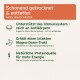 Tieretikett: 'Schonend getrocknet & entfettet' (engl.: 'Gently dried & defatted'); listet: Immununterstützung, Darmgesundheit, Protein und Energie.