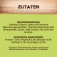 Zutatenliste für Tierfutter auf Deutsch, die Komponenten wie Getreide, Glycerin, Fleisch und Nährwertanalysen einschließlich Protein- und Fettgehalt detailliert.