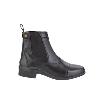 Schwarze Reiter-Stiefelette mit elastischen Seitenpaneelen und einem Reißverschluss, mit einem niedrigen Absatz und einem eleganten Design.