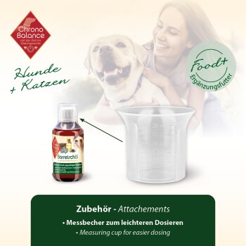 Flasche Borretöl für Hunde und Katzen, mit einem Messbecher für eine einfache Dosierung, mit dem Logo "Chrono Balance" und Text in Deutsch.