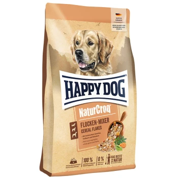 Tüte Happy Dog NaturCroq Flocken-Mixer für Hunde, mit einem Golden Retriever und dem Text '100% natürlich, keine Konservierungsstoffe.'