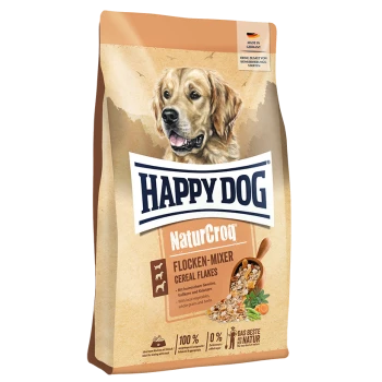 Tüte Happy Dog NaturCroq Flocken-Mixer für Hunde, mit einem Golden Retriever und dem Text '100% natürlich, keine Konservierungsstoffe.'