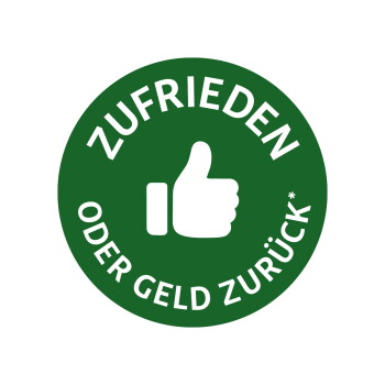 Grünes rundes Abzeichen mit weißem Daumen-hoch-Symbol und dem Text 'ZUFRIEDEN ODER GELD ZURÜCK*'.