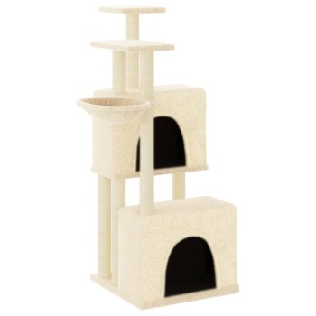 Katzenbaum in Cremefarbe mit zwei geschlossenen Würfelfächern, einer schalenförmigen Liegefläche und drei Plattformen zum Klettern.