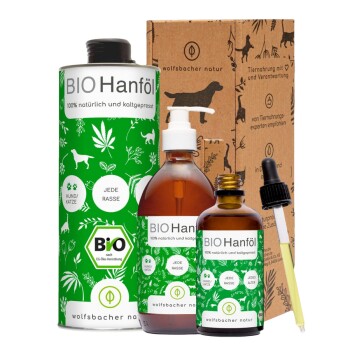 Drei Flaschen Bio-Hanföl für Haustiere, beschriftet mit 'BIO Hanföl', mit einem grünen Design, das Blätter und Tiere zeigt, neben einer Pappschachtel.