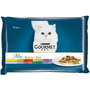 Purina Gourmet Katzenfutterverpackung mit einer weißen Katze, vor blauem Hintergrund und einem Teller mit Futter, beschriftet "Perle Duetto Duo."