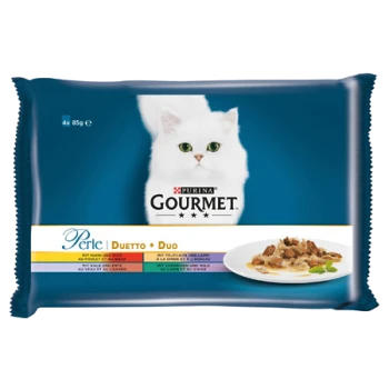 Purina Gourmet Katzenfutterverpackung mit einer weißen Katze, vor blauem Hintergrund und einem Teller mit Futter, beschriftet "Perle Duetto Duo."