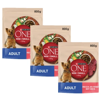 Mini Adult Reich an Rind 3x800 g Drei 800g Beutel Purina ONE Mini/Small Adult Hundefutter für Hunde unter 10 kg, Rindfleisch- und Reisgeschmack.