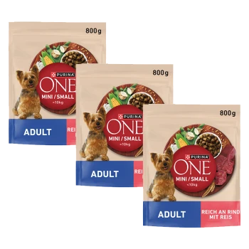 Trois sacs de 800 g de nourriture pour chiens Purina ONE Mini/Small Adult pour chiens de moins de 10 kg, saveur bœuf et riz.