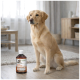 Golden Retriever sitzt auf dem Boden neben einer Nahrungsergänzungsflasche mit der Aufschrift 'Support' und 'Lachsöl'.