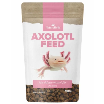 NatureHolic Axolotl Feed-Beutel mit Axolotl-Foto, Text 'AXOLOTL FEED', 'Mischfuttermittel für Axolotl' und '100 g'