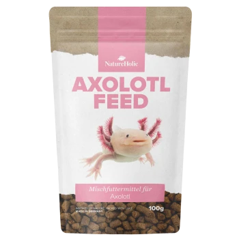 NatureHolic Axolotl Feed-Beutel mit Axolotl-Foto, Text 'AXOLOTL FEED', 'Mischfuttermittel für Axolotl' und '100 g'