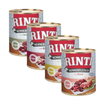 Vier Dosen Rinti Hundefutter, beschriftet mit "KENNERFLEISCH," mit Geschmacksrichtungen mit Rind, Huhn und anderen Fleischsorten, auf einem weißen Hintergrund.